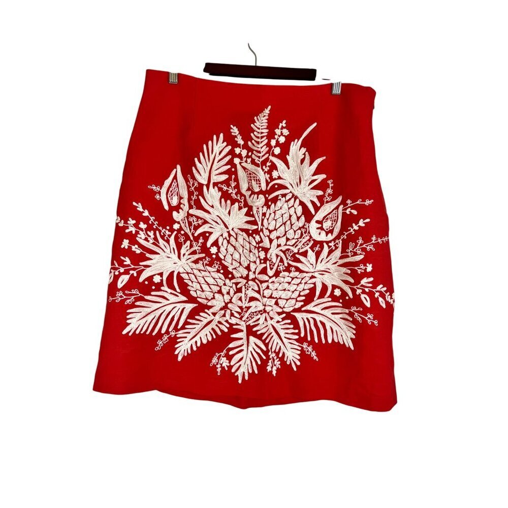 Retro Floral Linen Skirt 16 Red Festive Holiday Preppy Classic Chic Old Money